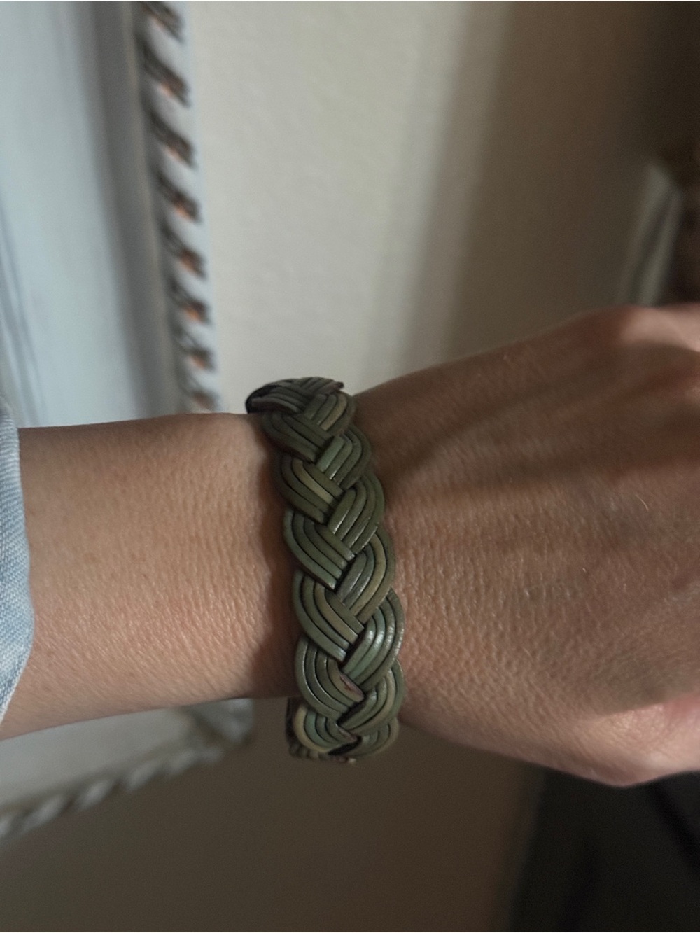 Fossil Men's unisex Braided Leather Bracelet in Olive Green snap-button closure